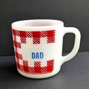 Vintage Milk Glass Coffee Mug DAD Red Gingham Westfield Heat Proof